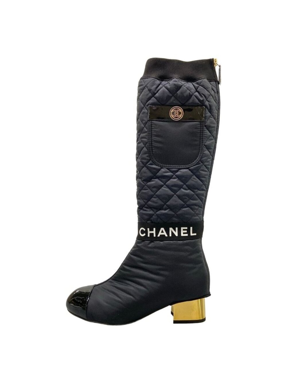 Chanel Long Boots 37 C Black 2-Way Nylon Cover Removable with Pocket Quilted